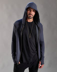male modeling blue hoodie