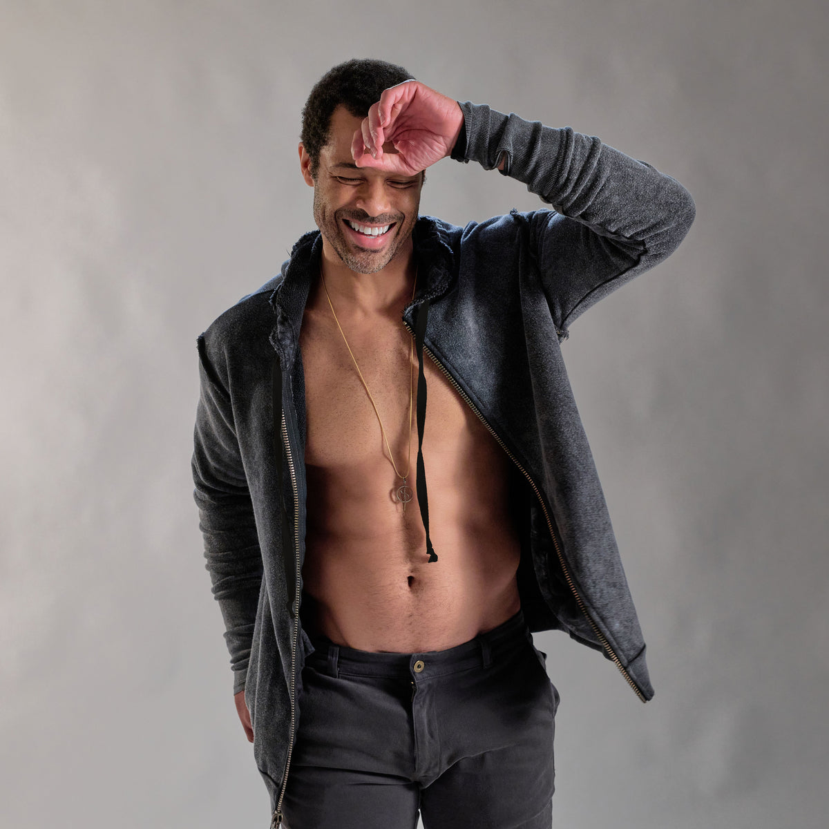 male modeling dark mineral hoodie