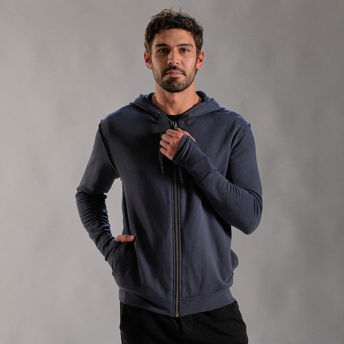 male modeling blue hoodie