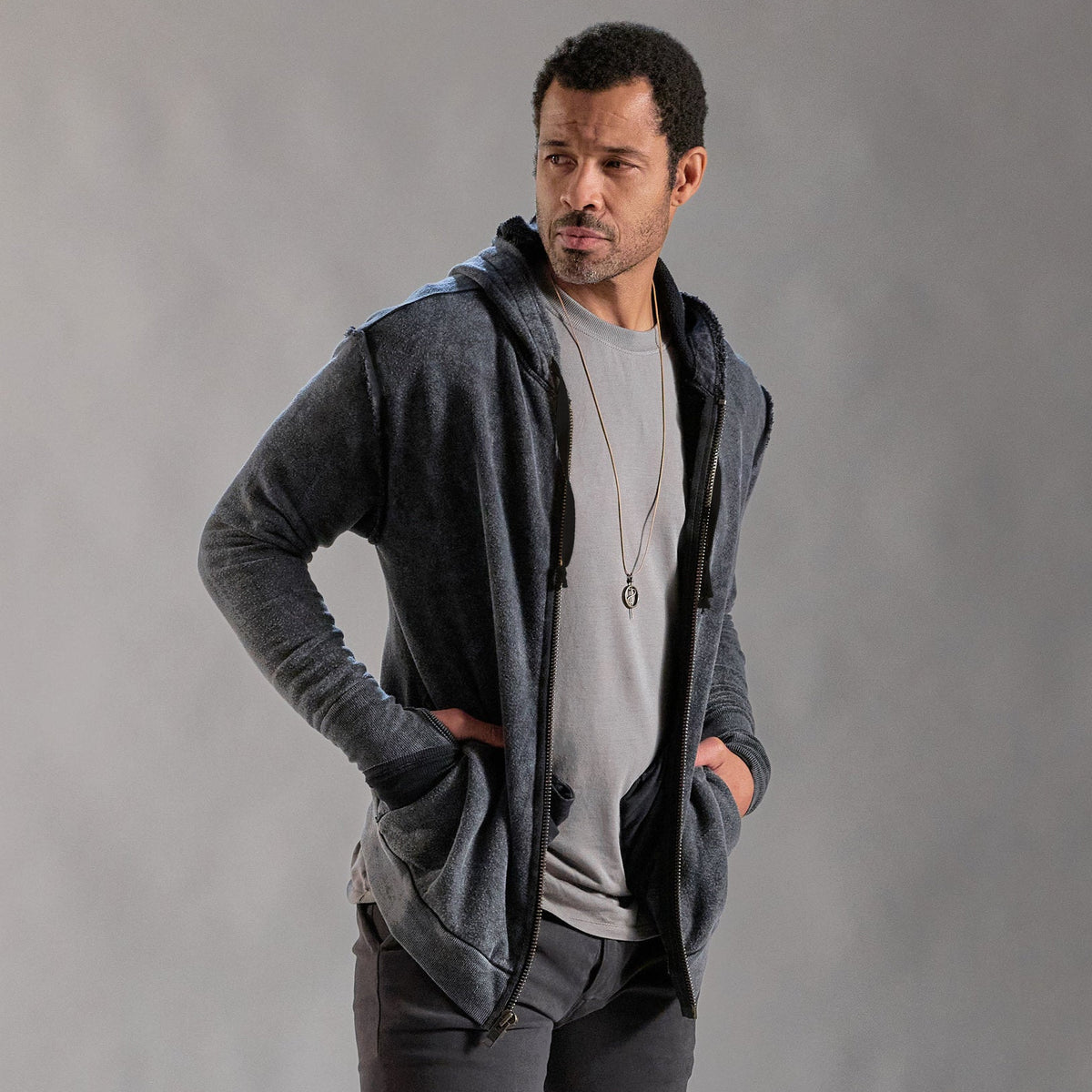 male modeling dark mineral hoodie