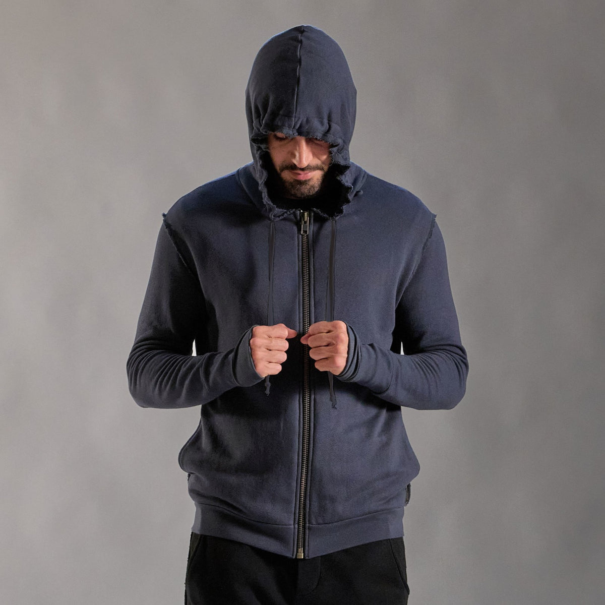 male modeling blue hoodie