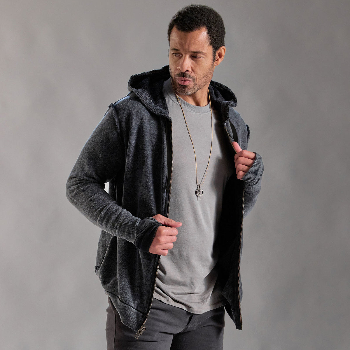 male modeling dark mineral hoodie