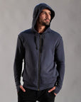 male modeling blue hoodie