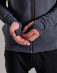 Male modeling charcoal blue hoodie 