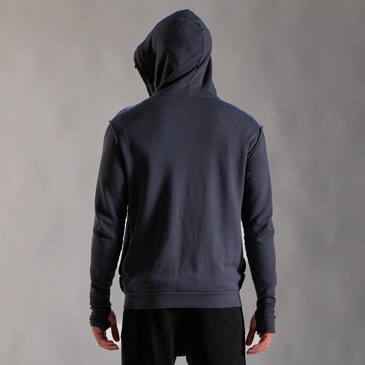 Male modeling charcoal blue hoodie 