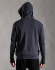 Male modeling charcoal blue hoodie 