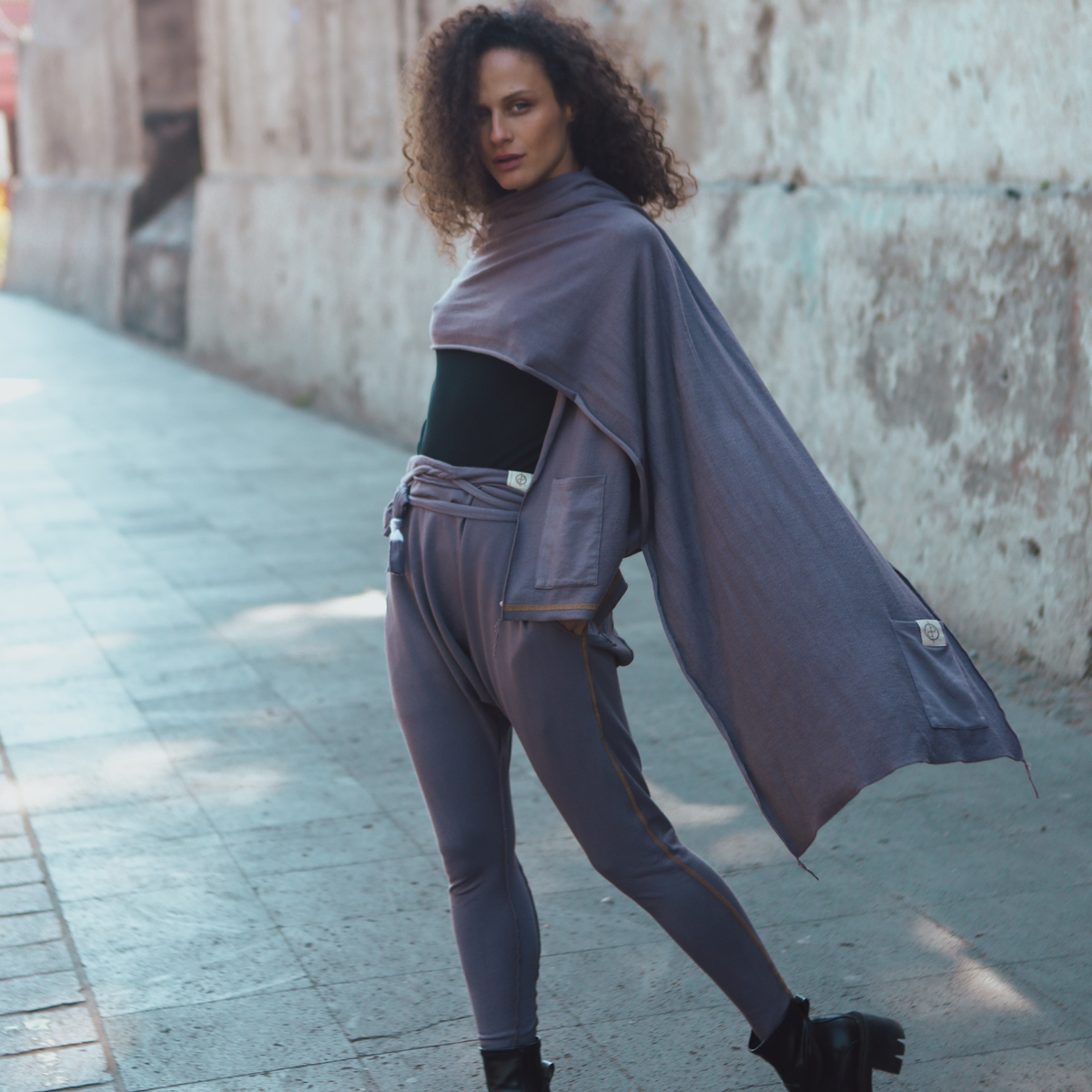Woman modeling lavender fleece scarf