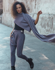 Woman modeling lavender fleece scarf