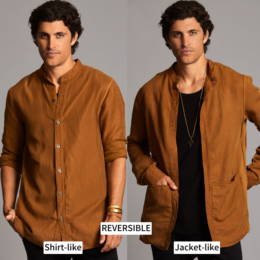 Male modeling Shacket in Whiskey Haze