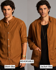 Male modeling Shacket in Whiskey Haze