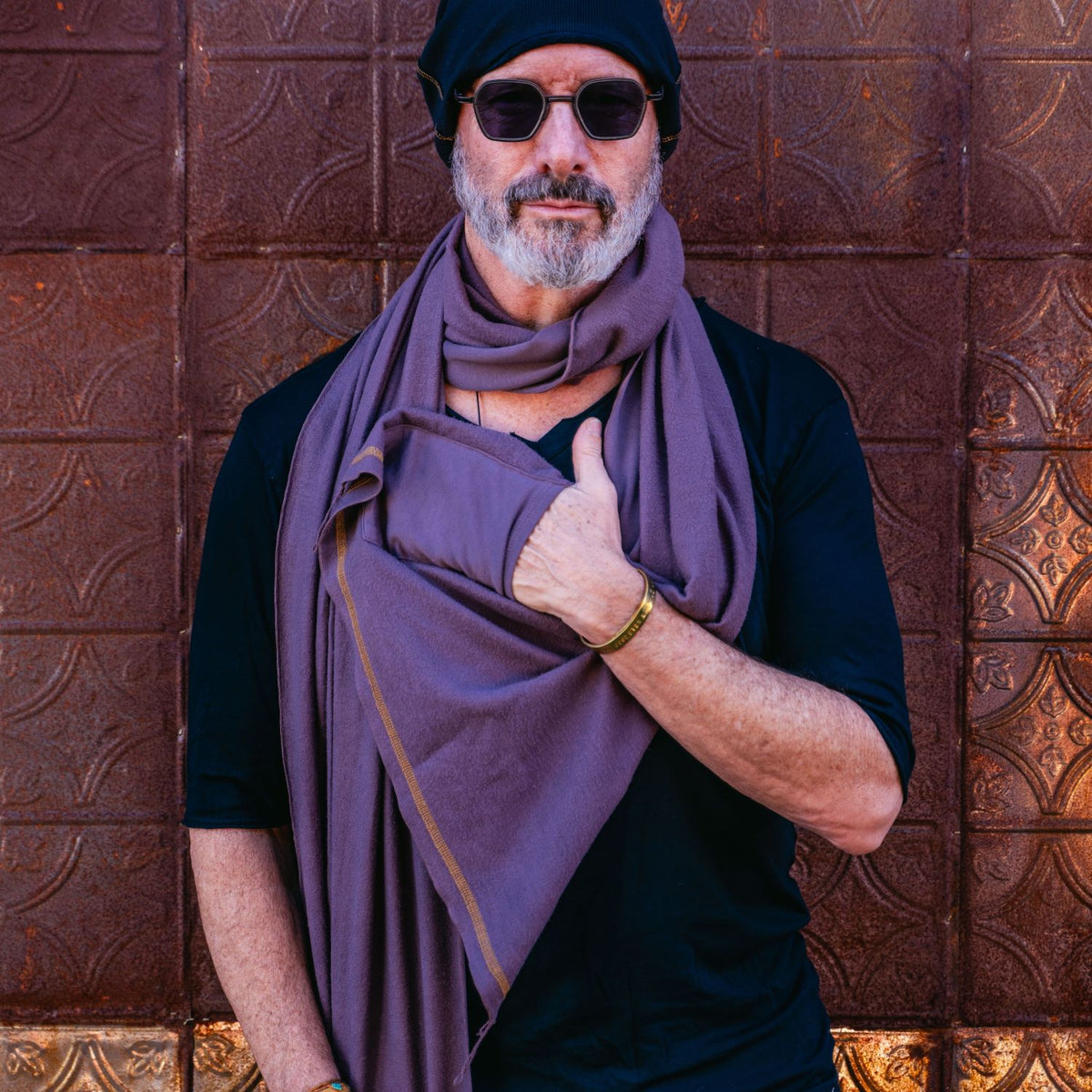 Man modeling lavender fleece scarf