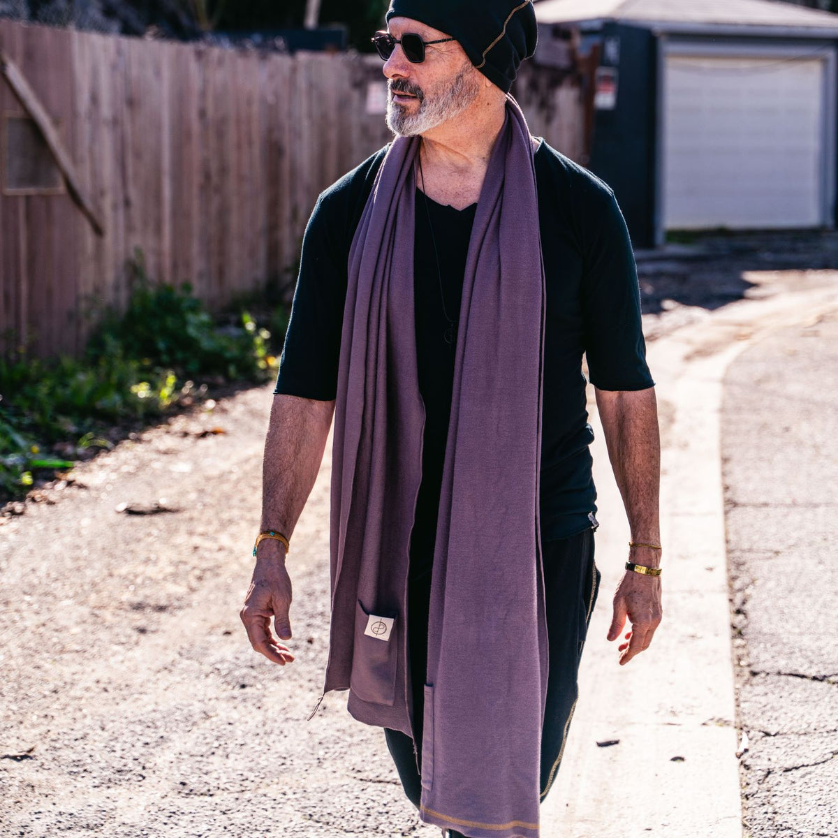 Man modeling lavender fleece scarf