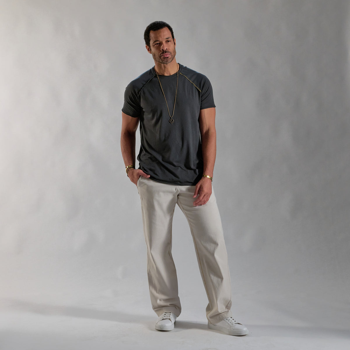 male modeling ease pants in white stone