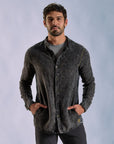 Male modeling dark mineral shacket