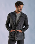 Male modeling dark mineral shacket