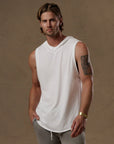 male modeling white hooded tree tank