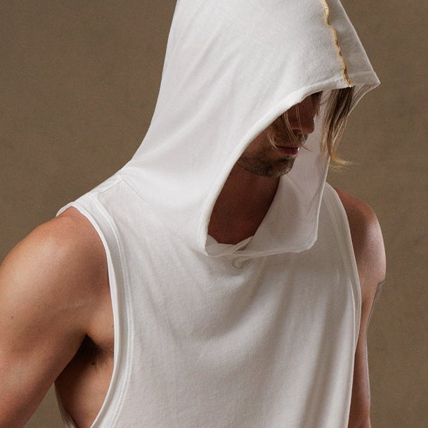 male modeling white hooded tree tank