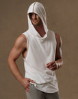 male modeling white hooded tree tank