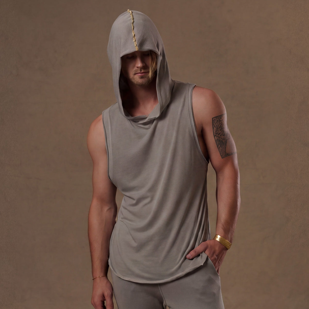 male modeling deep clay hooded tree tank