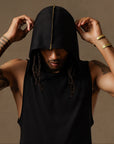 male modeling black hooded tree tank