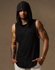 male modeling black hooded tree tank