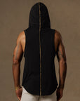 male modeling black hooded tree tank