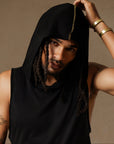 male modeling black hooded tree tank