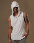 male modeling white hooded tree tank