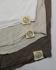 Flat lay of three crew neck shirts in different colors
