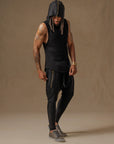 male modeling black hooded tree tank