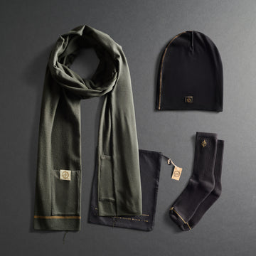 Green scarf, black beanie, and socks gift set