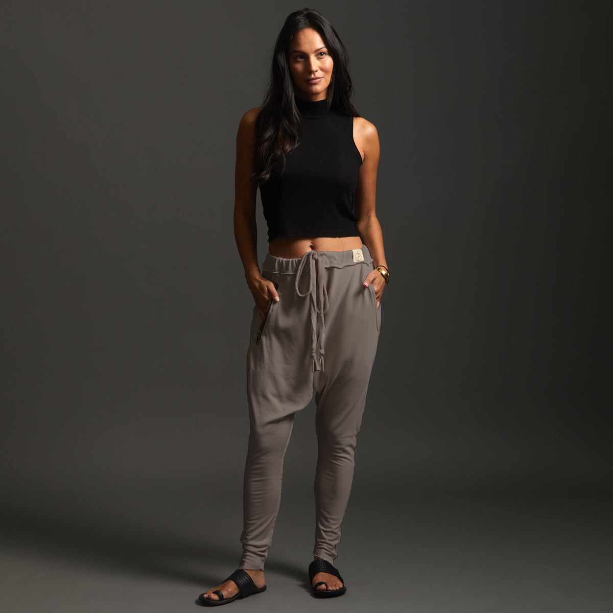 Woman modeling dance pants in Shroom