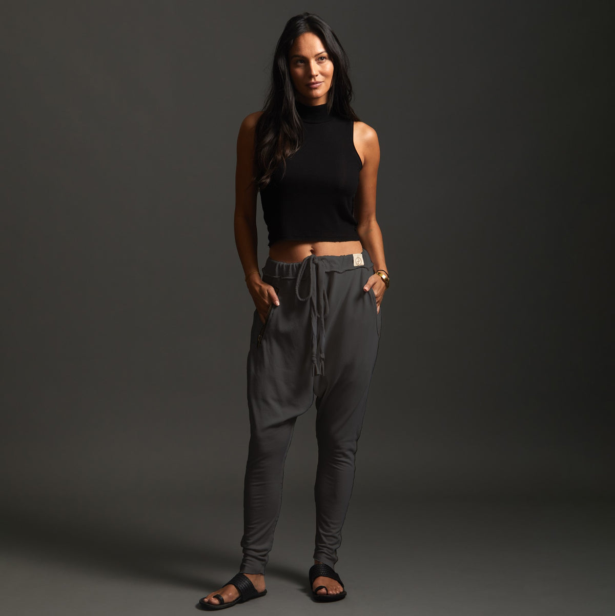 Woman modeling dance pants in Slate