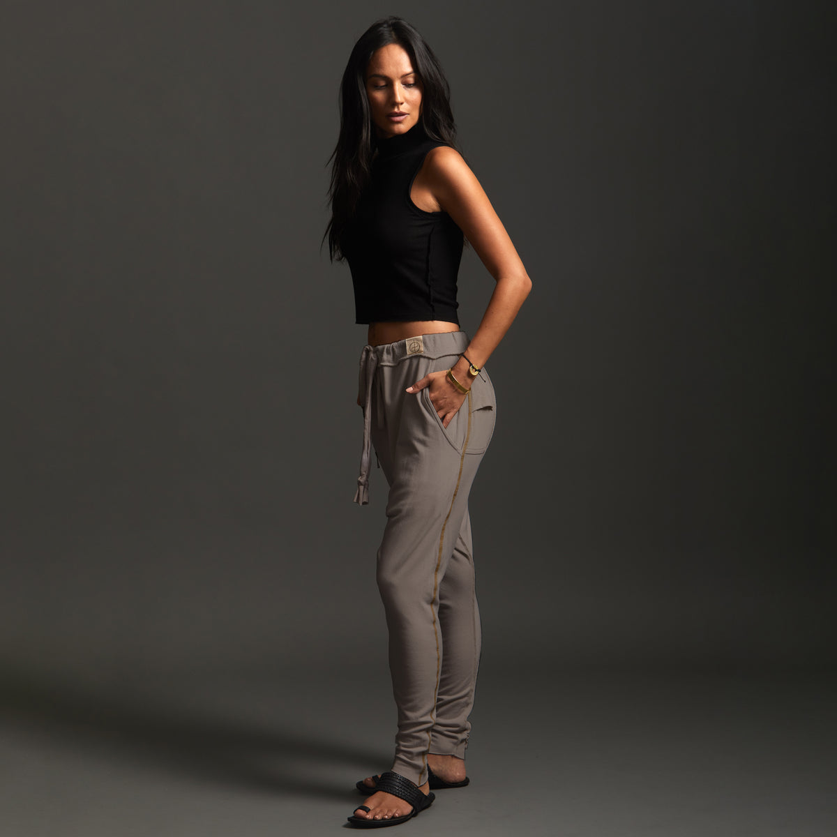 Woman modeling dance pants in Shroom