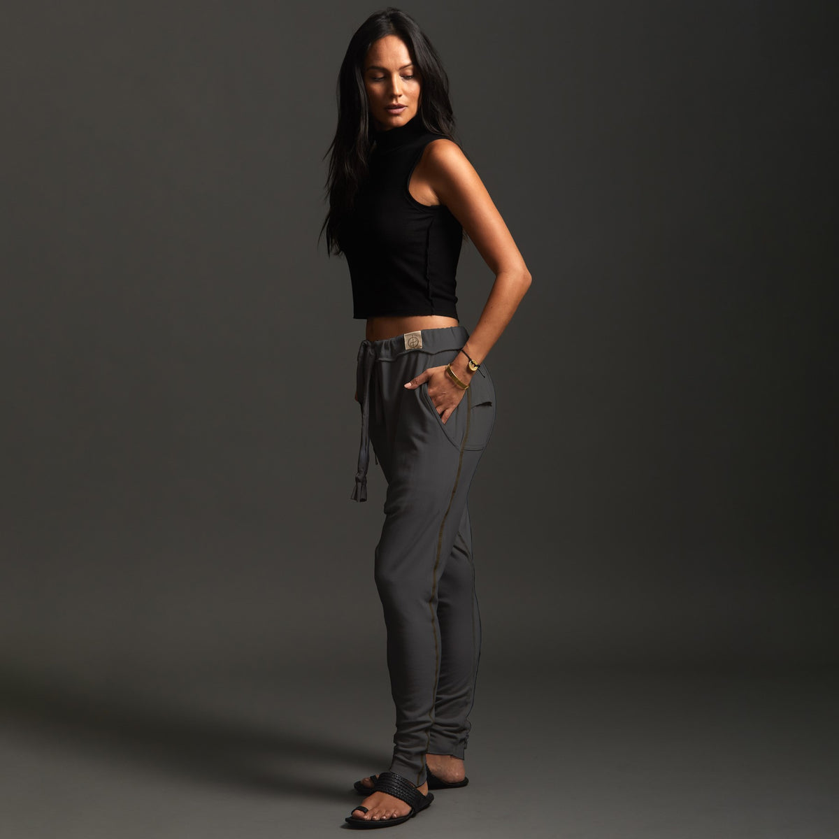 Woman modeling dance pants in Slate