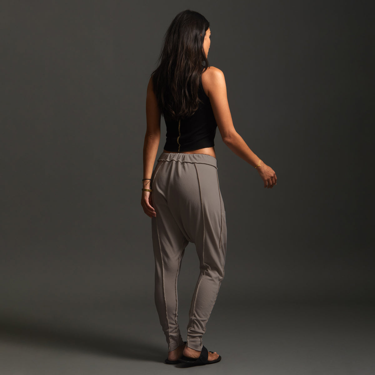Woman modeling dance pants in Shroom