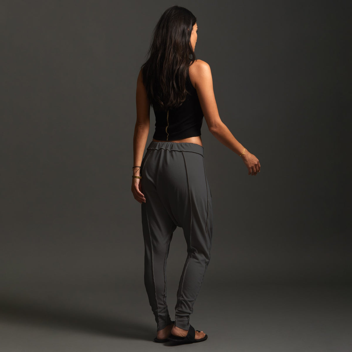 Woman modeling dance pants in Slate