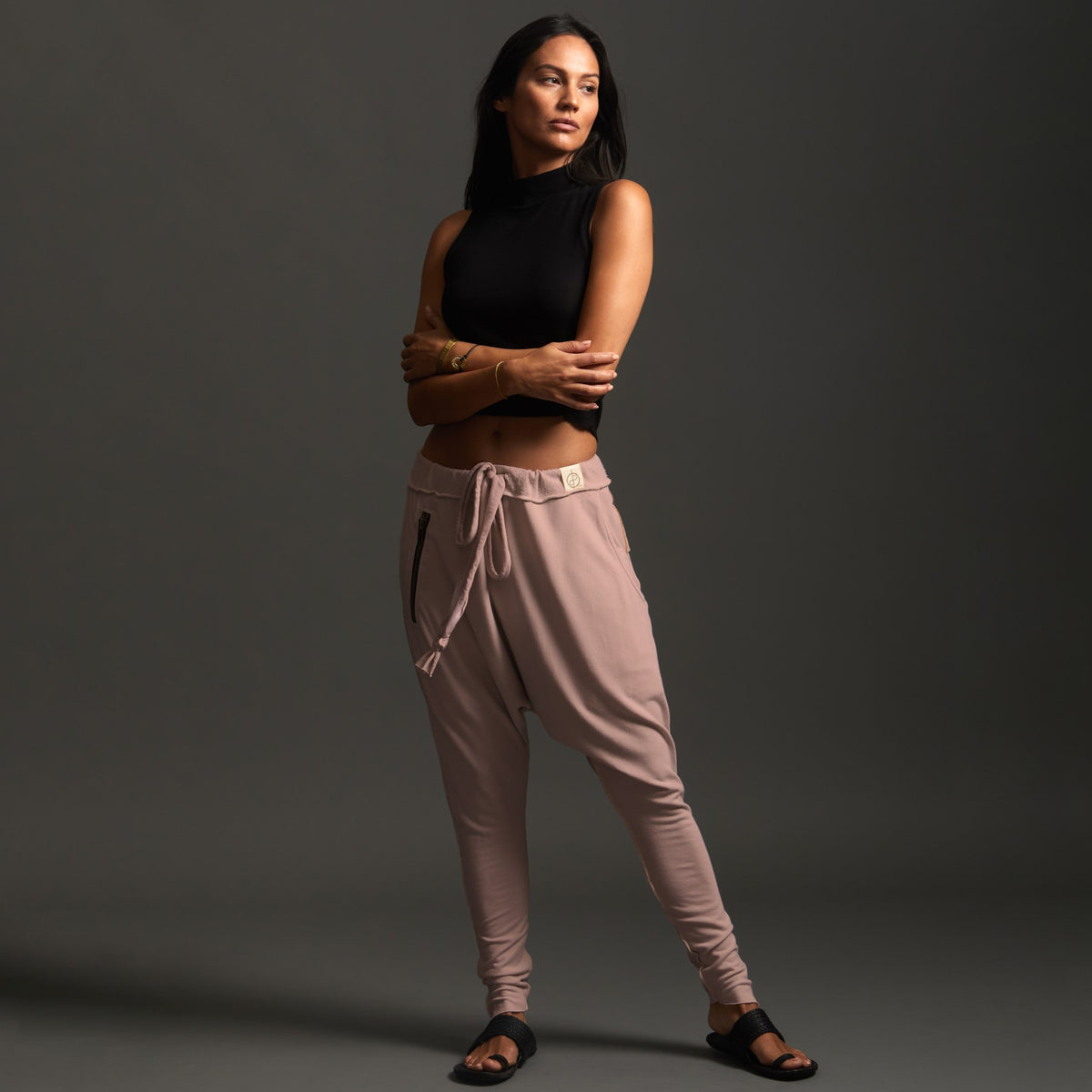 Woman modeling dance pants in Himalayan Salt