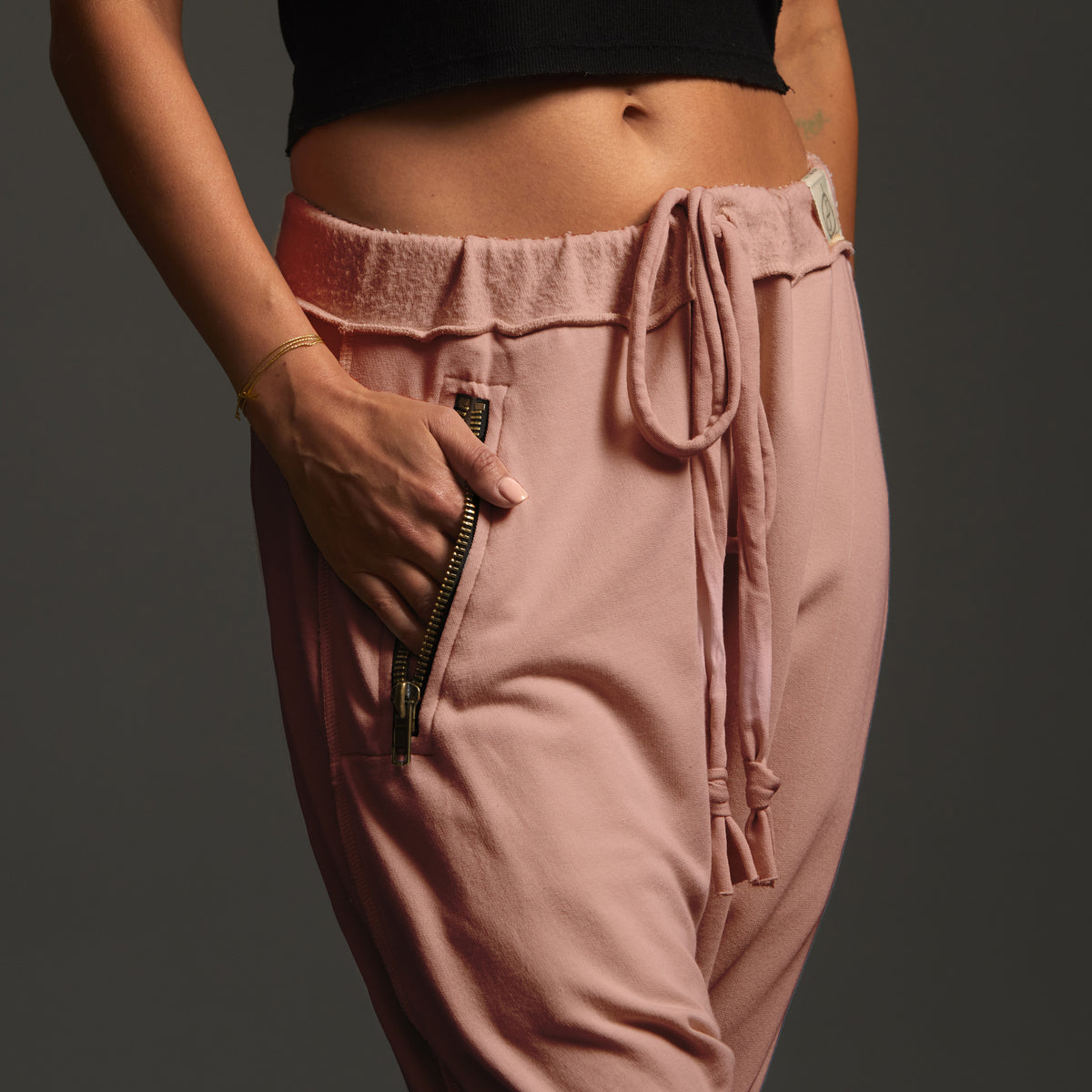 Woman modeling dance pants in Himalayan Salt