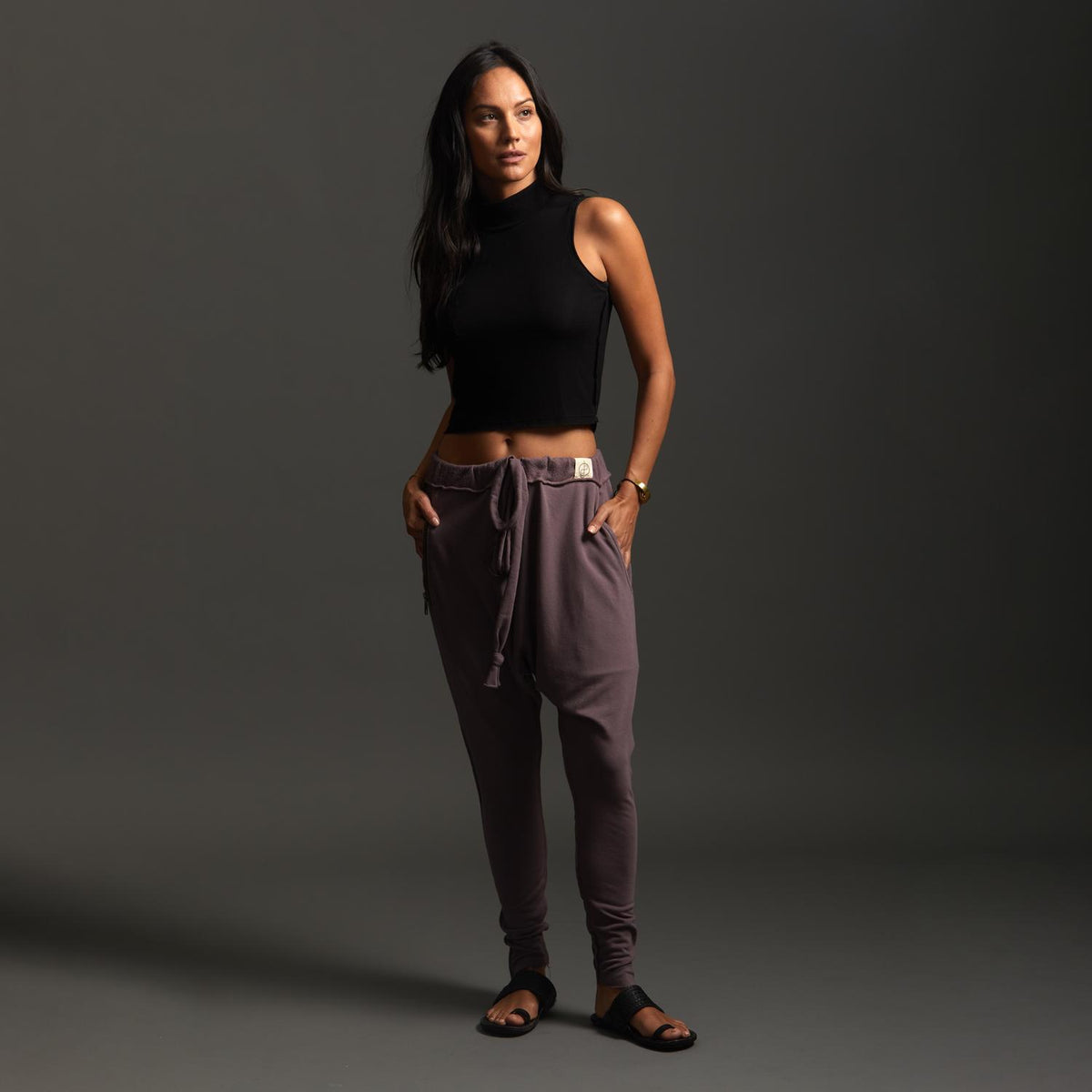 Woman modeling dance pants in Lavender
