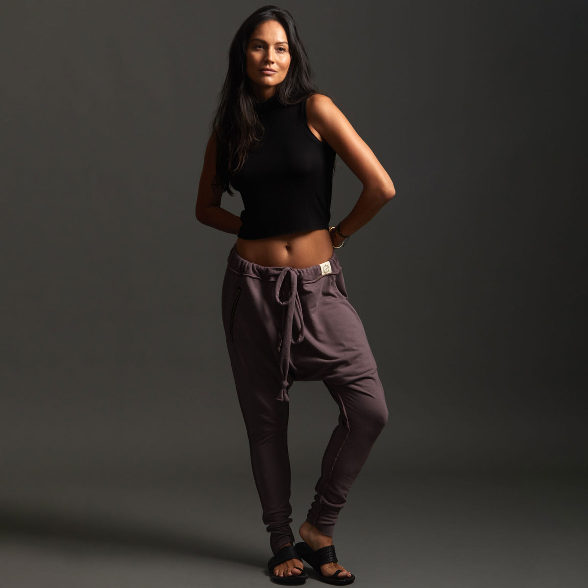 Woman modeling dance pants in Lavender