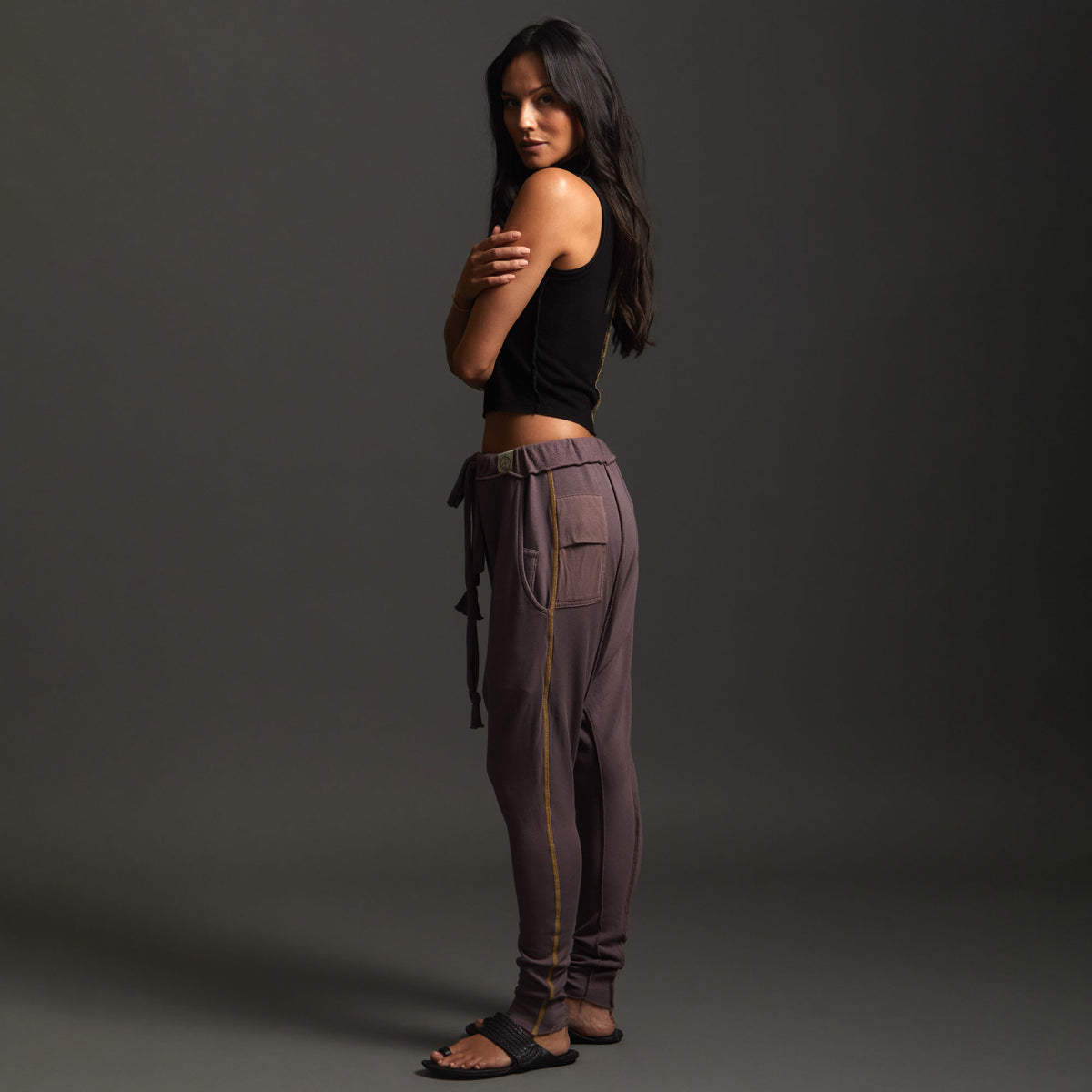 Woman modeling dance pants in Lavender
