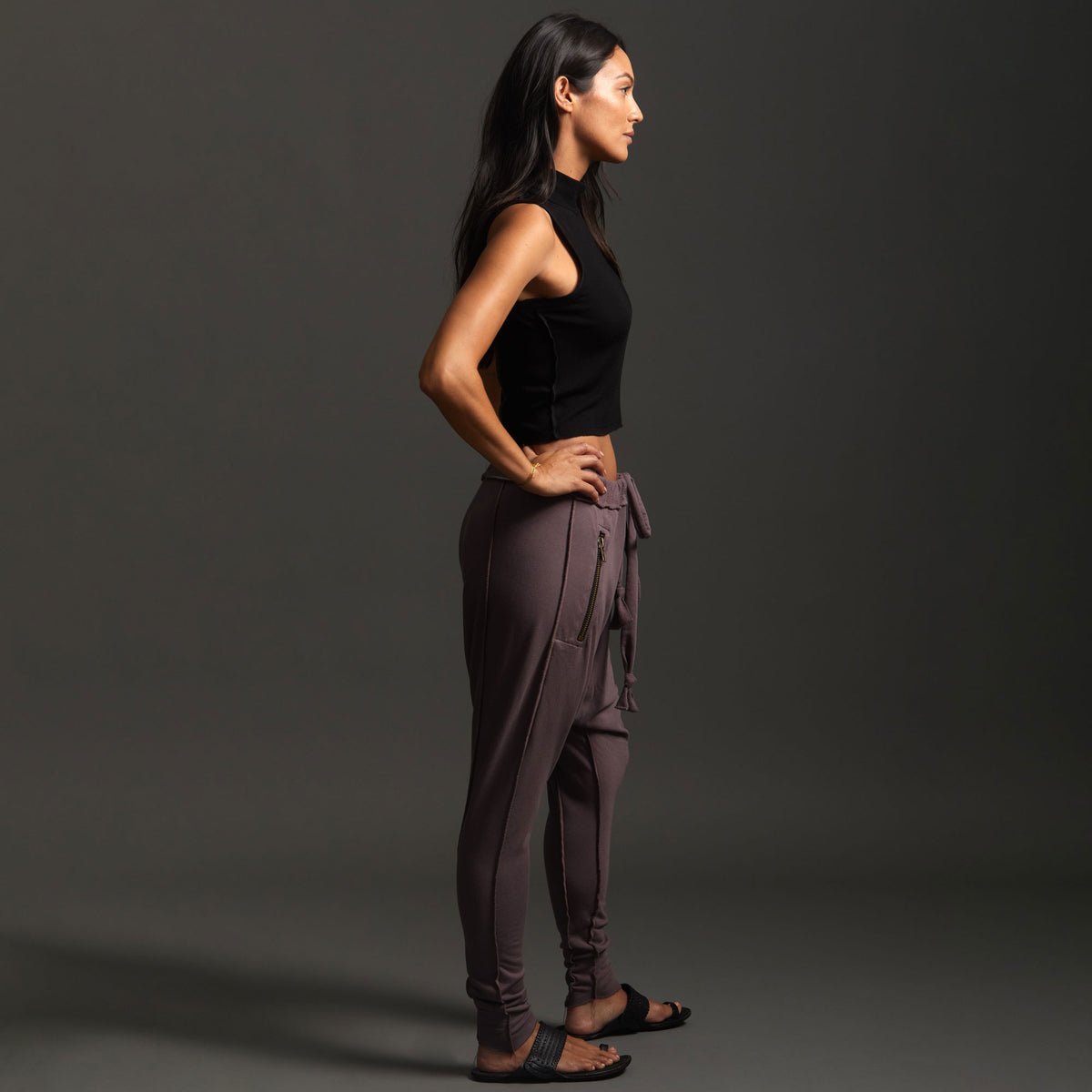 Woman modeling dance pants in Lavender