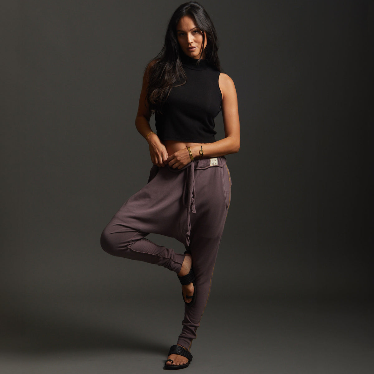 Woman modeling dance pants in Lavender