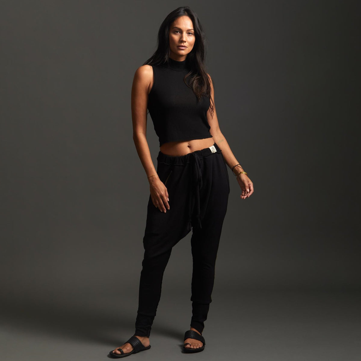 Woman modeling dance pants in Black