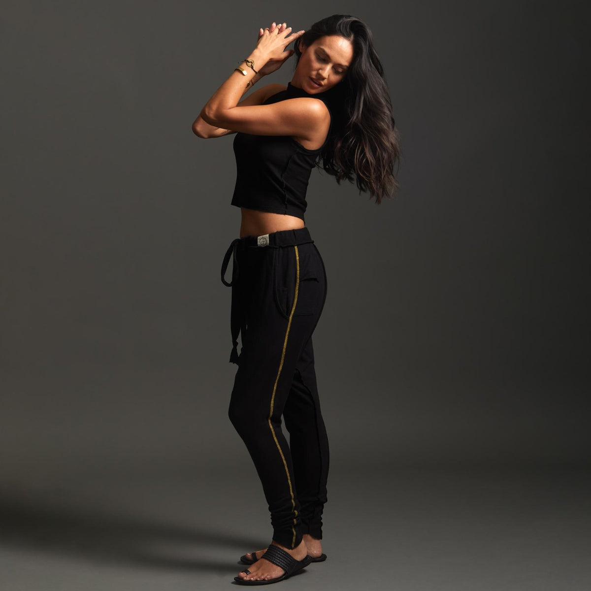 Woman modeling dance pants in Black