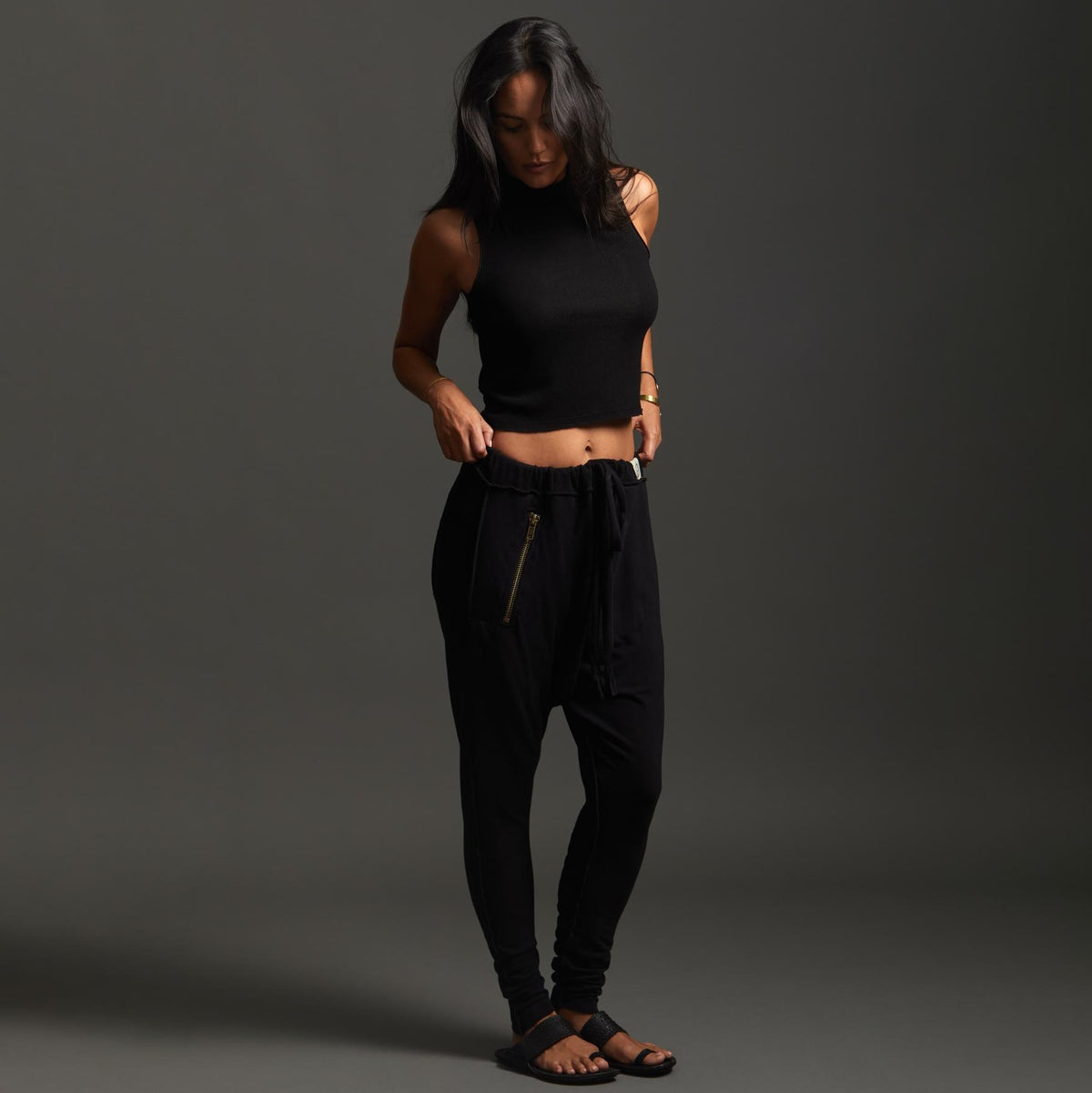 Woman modeling dance pants in Black