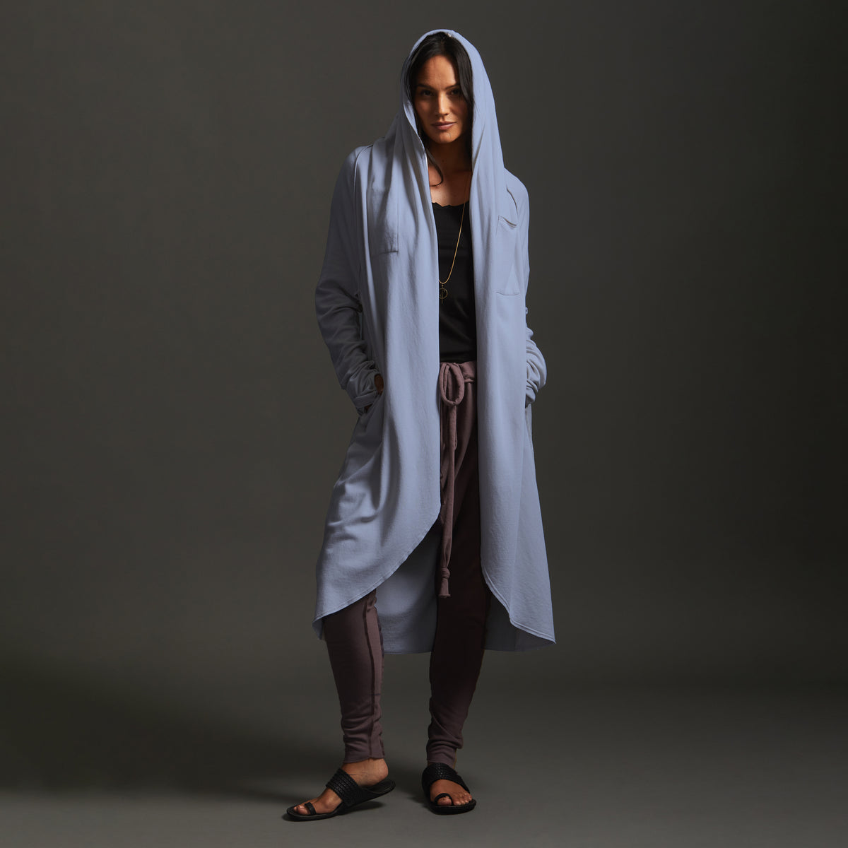 Woman modeling moonbeam aion duster