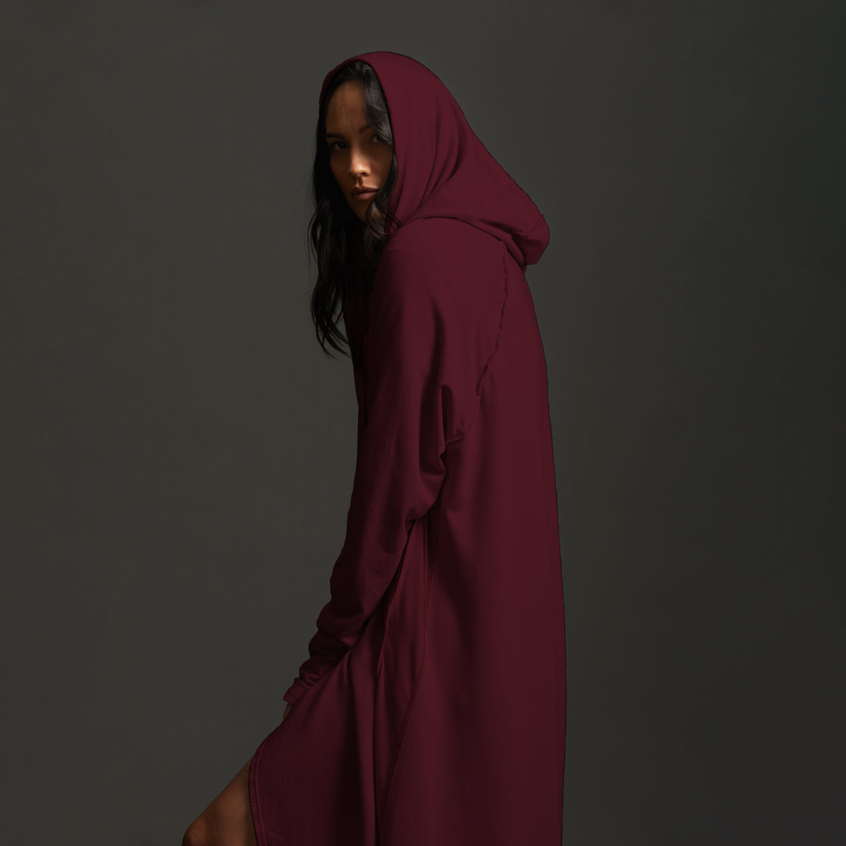 Woman modeling bordeaux aion duster