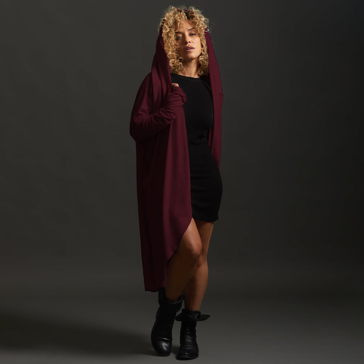 Woman modeling bordeaux aion duster